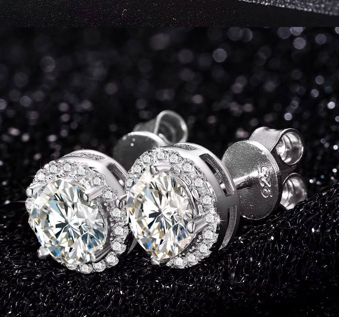 "Moissanite Diamond Halo Stud Earrings - White Gold"